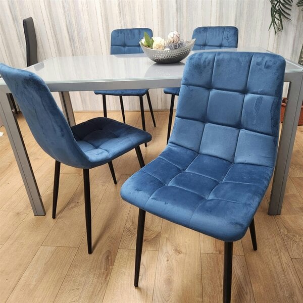 Kosy Koala Dining Table and 4 Blue Velvet Chairs Grey Glass Table 4 Velvet Chairs  Dining Room Furniture