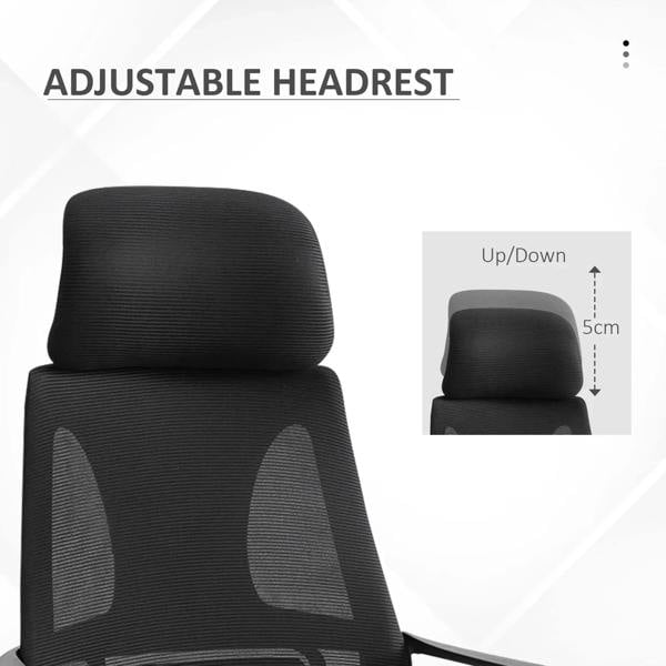 Black office chair with adjustable headrest, padded back, and armrests