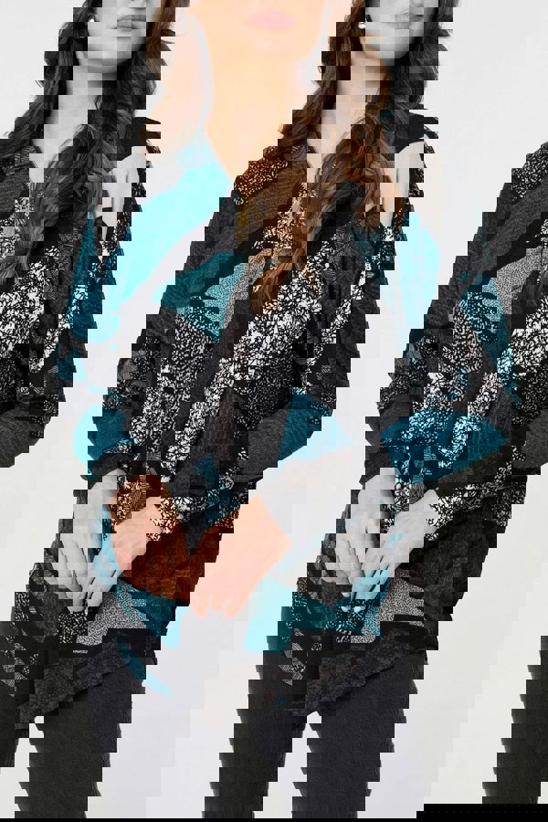 Teal | Abstract Print Zip-Front Long Sleeve Top
