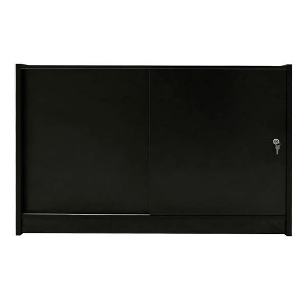 Sleek black LED retail shop counter K1500 with sliding doors and a lock, featuring a smooth finish and modern design