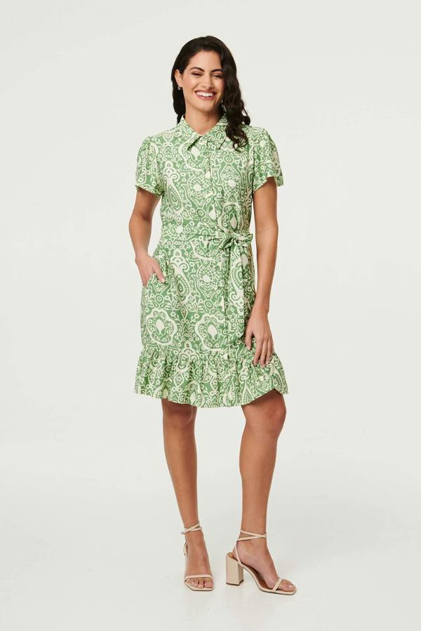 Green | Printed Short Sleeve Tie Short Dress