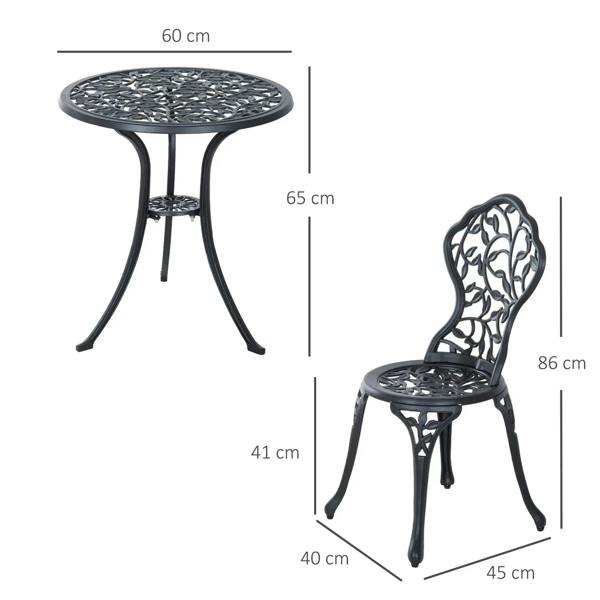 Black bistro table and chair dimensions view with ornate cutout seat and tabletop