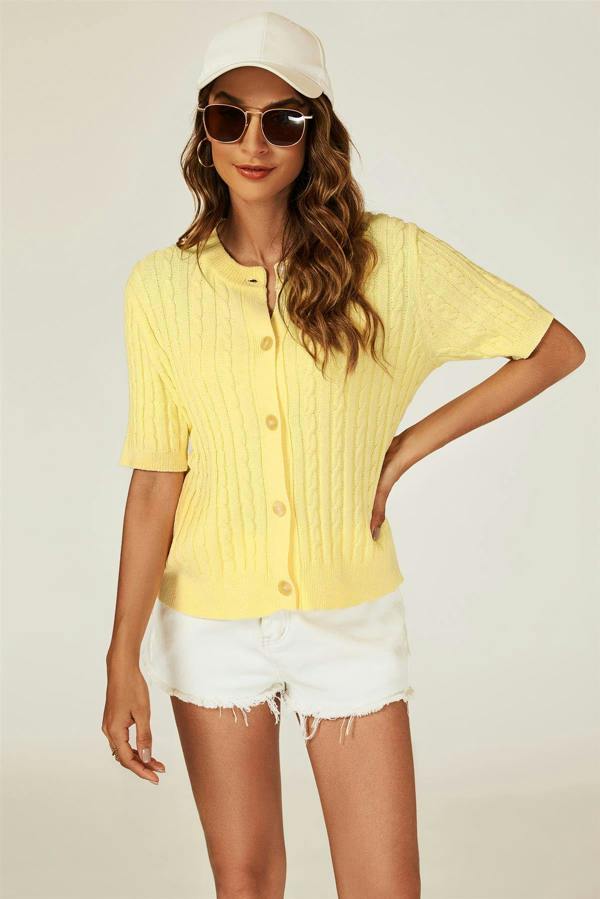 FS Collection Short Sleeve Knitted Cardigan In Yellow
