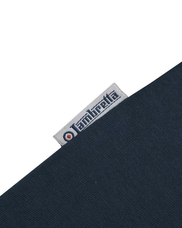Lambretta Mens Classic Dress Gingham Mod Retro Ska Casual Polo, close-up of navy blue fabric with Lambretta branded label.