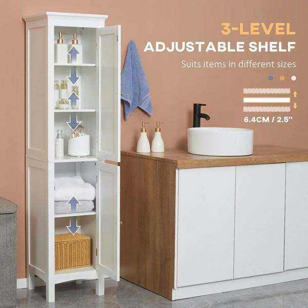 White slim bathroom cabinet with open shelves and door, tall storage unit design