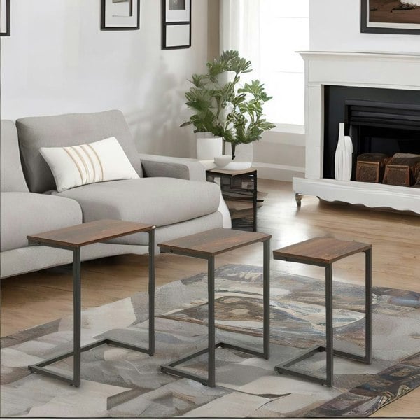 Rafaelo Mobilia Set Of 3 C-Shaped Nesting Tables Rustic Brown