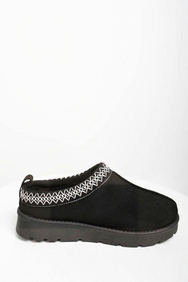 Ravina Chunky Slip On Suede Slippers With Stitch Detail - Black