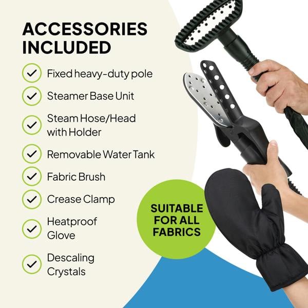 The Fridja Commercial Garment Care Trio includes a fixed heavy-duty pole, steamer base unit, steam hose/head with holder, removable water tank, fabric brush, crease clamp, heatproof glove, and descaling crystals.
