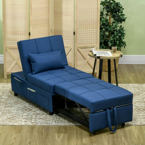 Wyld Haus Leve Fabric Blue 4 In One Convertible Chair Bed With Adjustable Back Side Pocket Wheels And Pillow