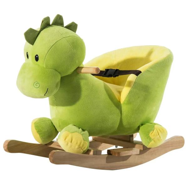 Green plush dinosaur ride-on rocking horse with seat safety belt and wooden rockers