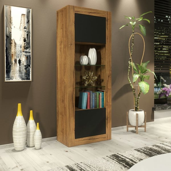Mex Furniture Modern Display Cabinet 170cm – Oak Body & Black Matt Doors