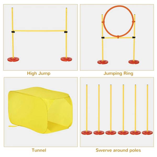 Yellow agility obstacle set: high jump frame, jumping ring, tunnel, and swerve poles