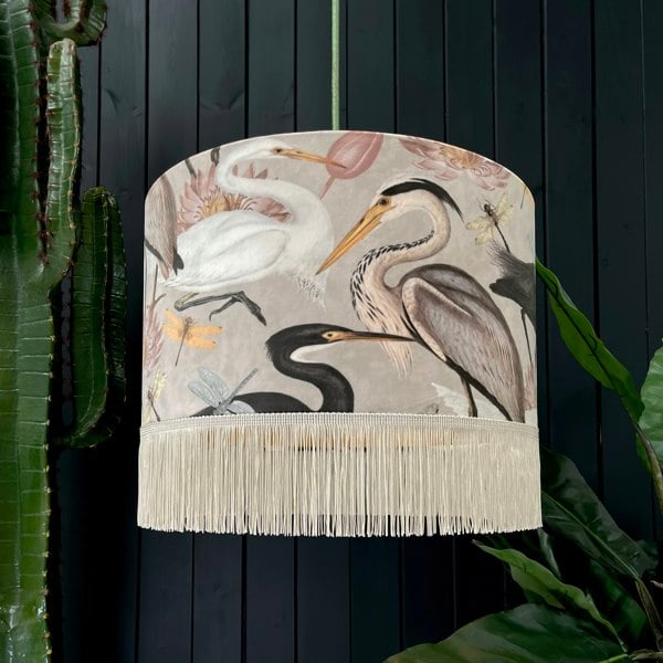 Love Frankie velvet lampshade bird song bone gold lining fringing