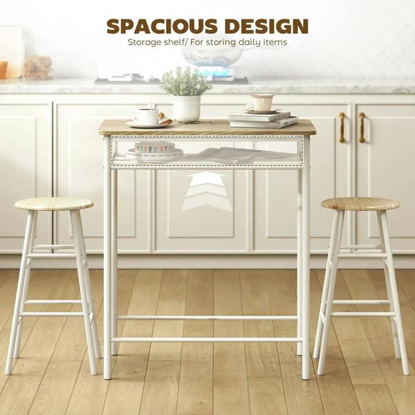 White bar table with open storage shelf and two stools, oak-look round seats