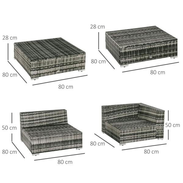 Grey woven rattan sofa and ottoman set with labeled dimensions