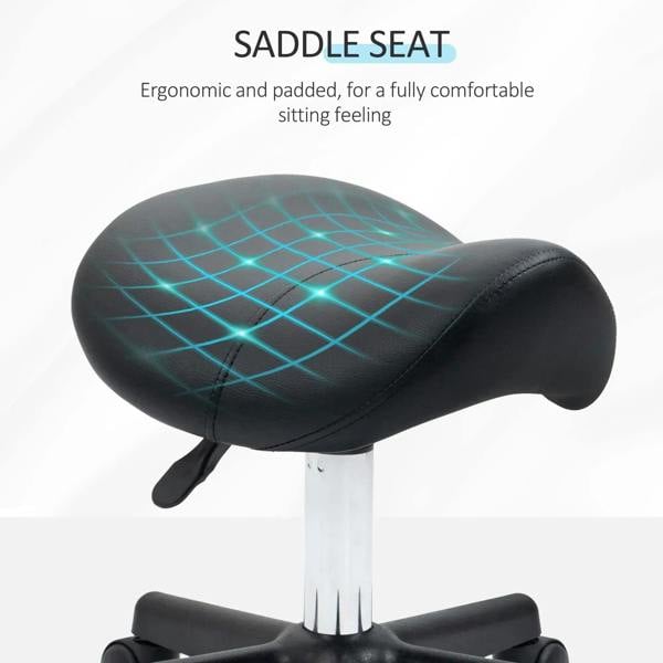 Black padded saddle stool with ergonomic PU seat and blue grid stitching, on rolling base