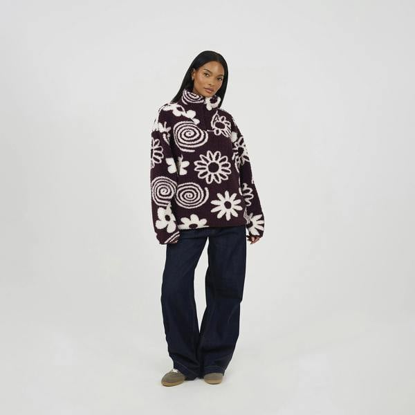 Brave Soul Burgundy Quarter Zip Flower Print Sherpa Fleece - Burgundy Image 3