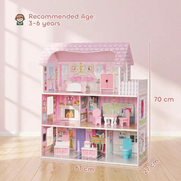 Dolls House, 6 Rooms Modern Dollhouse with LED Lights, 8 Furniture Pieces, 3-Level Playhouse Gift for Kids 3-6 Years