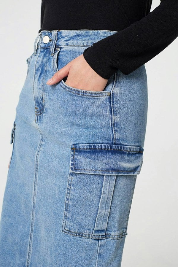 Blue | Denim High Waist Midi Cargo Skirt
