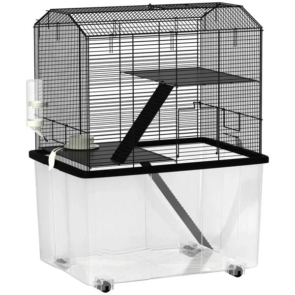 Black three-tier wire hamster cage with deep base, platforms, wheel, food dish, water bottle