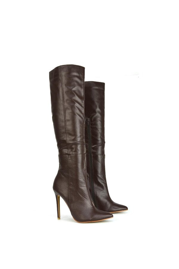 XY LONDON Pointed Toe Zip Up Knee High Stiletto Heel Long Boots