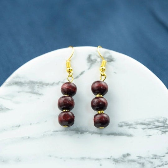 The Colourful Aura Three Red Sandalwood Lightweight Pearl Drop Simple Dangle Hook Earrings