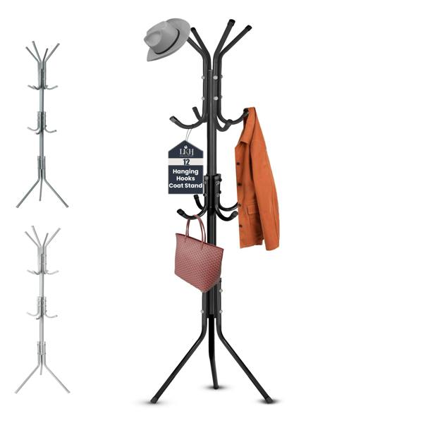 LKH HOME COLLECTION LKH Coat Rack Stand 170cm Steel Hat Stand Coat Stands with 12 Hooks–Clothes Hanger-Jackets,Hats,Scarves,Bags&Non-Slip Feet