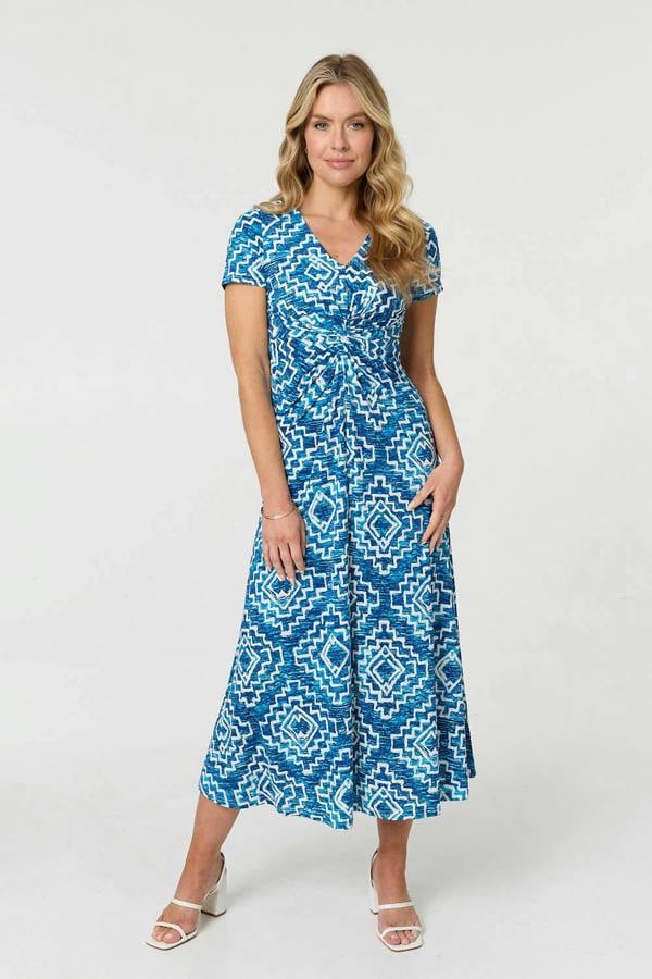 Blue | Geo Print Twist Front Midi Dress
