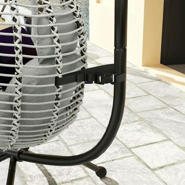 Grey hanging egg chair base with black curved leg and non-slip foot caps