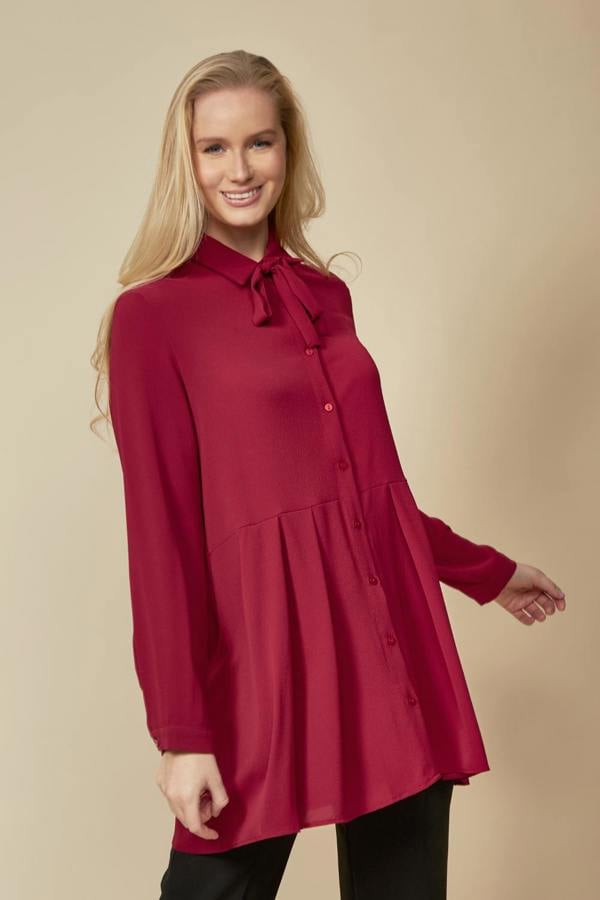 Hoxton Gal Long Sleeves Tie Neck Oversized Shirt in Burgundy