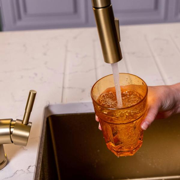 Flode Runda | Kitchen Sink Mixer with Pull out Spray | Brushed Brass | Square Head