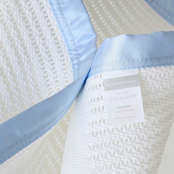 Luxury Organic Baby Blanket with Satin Edging – White & Blue - The Tiny Bed Company™