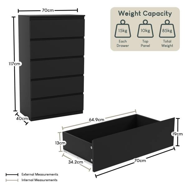 Vida Designs Denver 5 Drawer Chest, Black