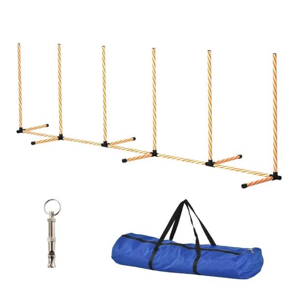 Dog agility weave poles set with blue carrying bag and metal whistle, orange and white