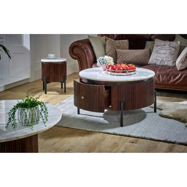 IH Design Miel Mango Wood Round Fluted Coffee Table With Marble Top and Metal Legs