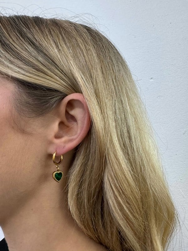 SVNX Emerald Green Heart Hoop Earrings in Gold Colour