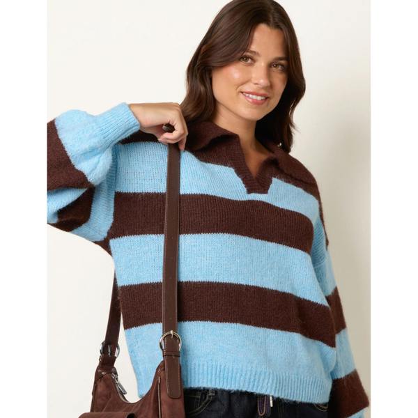 Blue Vanilla Polo Collar Striped Long Sleeve Jumper