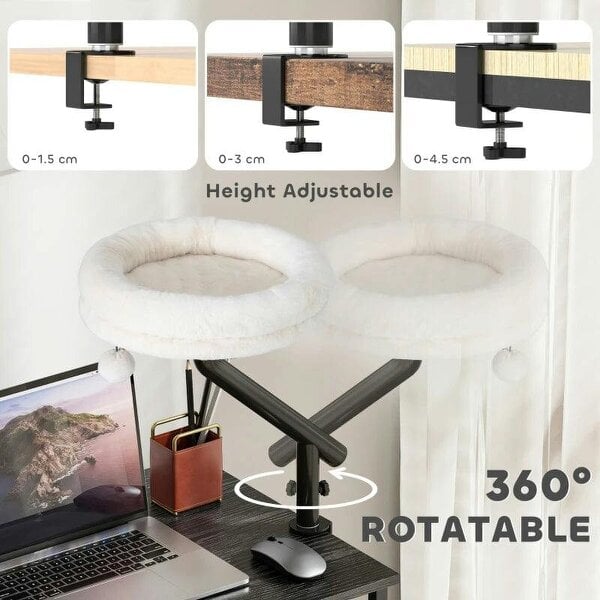 Cat Desk Bed, Cat Hammock 360° Rotatable Adjustable for Window, Table, Work, Cream White