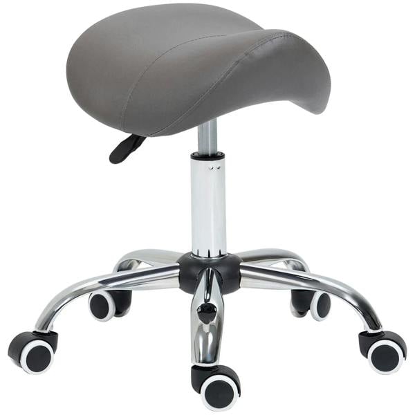 Grey saddle cosmetic stool with curved faux-leather seat and chrome rolling base