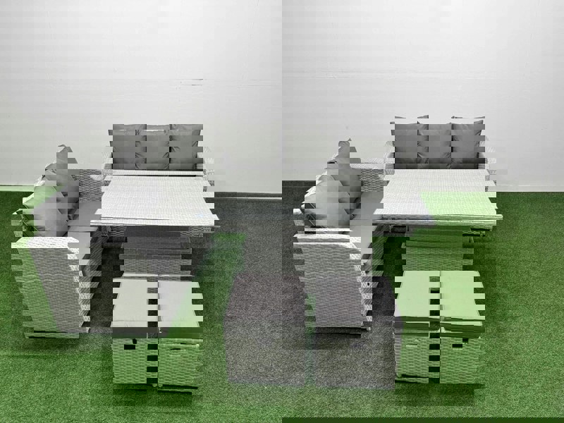 Fimous 7 Seater Rattan Conservatory Sofa Set - Adjustable Lifting Dining/Coffee Table, 3-Seater Sofa, Loveseat & 2 Stools
