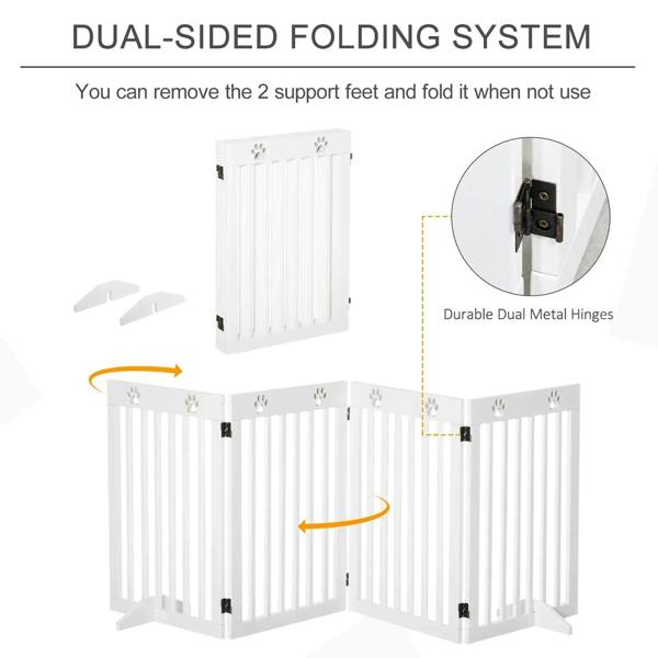 White foldable wooden pet gate dual-sided folding system with metal hinges and feet