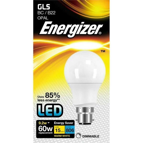 Energizer LED GLS 9.2w Opal 806lm Light Bulb B22 Warm White Dimmable - White - 