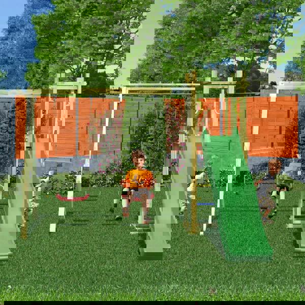 Climbing frame Rumble Ridge Rock Wall with double swing, slide and wall - Best Shed