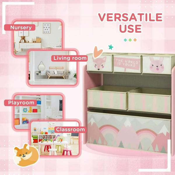 Pink kids storage unit with fabric bins shown in multi-room setup