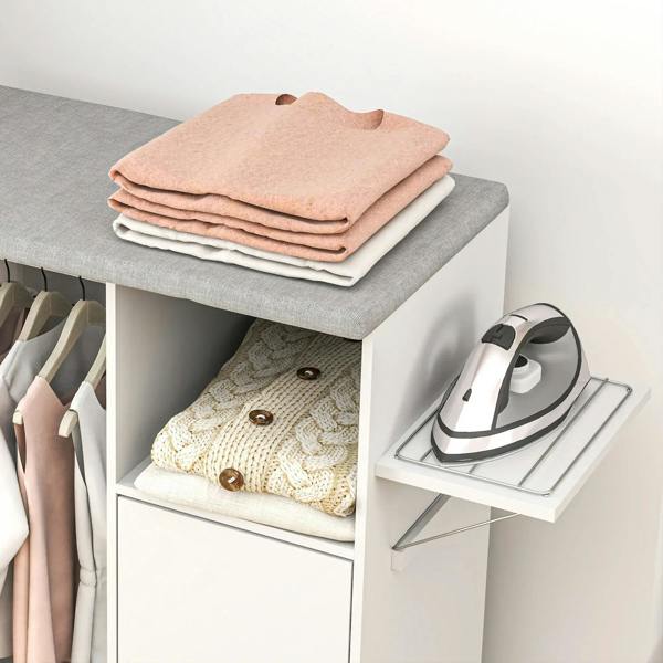 Gray ironing top cabinet with folded towels, white iron, and open side storage