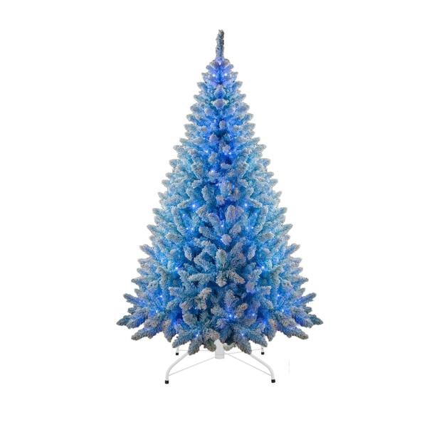 4ft to 8ft Pre-Lit Blue Flocked Christmas Trees with Blue LED Lights and Snowy Finish image 1