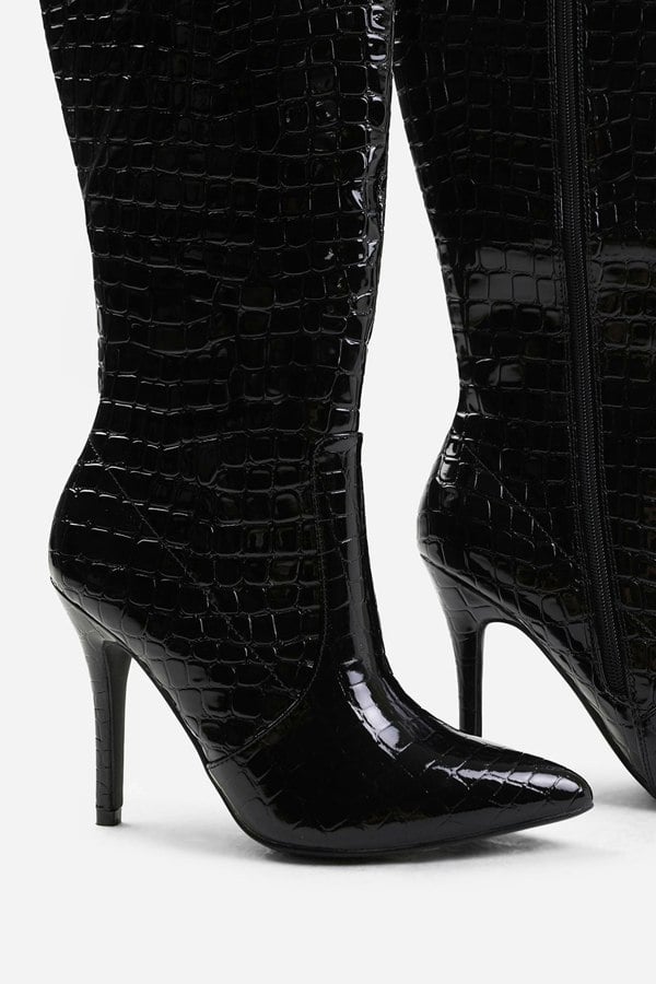 Where's That From Zoya Wide Calf High Heel Boot in Wide E Fit in Black Croco Patent