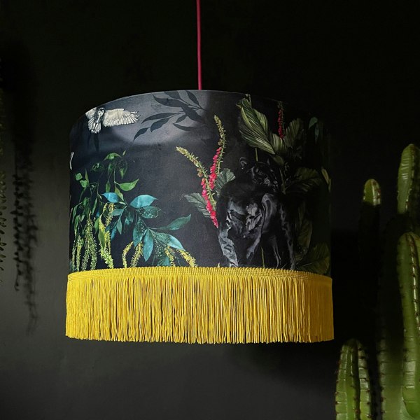 Handmade Fringed Velvet Lampshade in Carbon Black and Sunshine Yellow Fringing