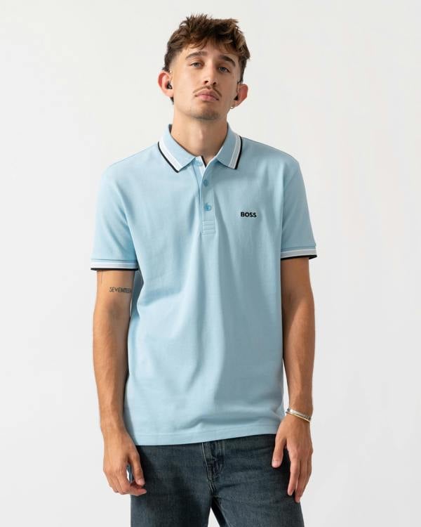 BOSS Green Paddy Mens Cotton-Piqué Polo Shirt with Contrast Logo - Light/Pastel Blue 455 - CHO - Designer Mens Short Sleeve Polo Shirts