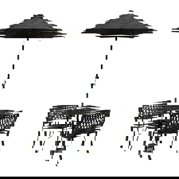 Samuel Alexander Outdoor 4 Person Rectangular Glass Top Garden Dining Table Benches With Black Havana Parasol and Base Set